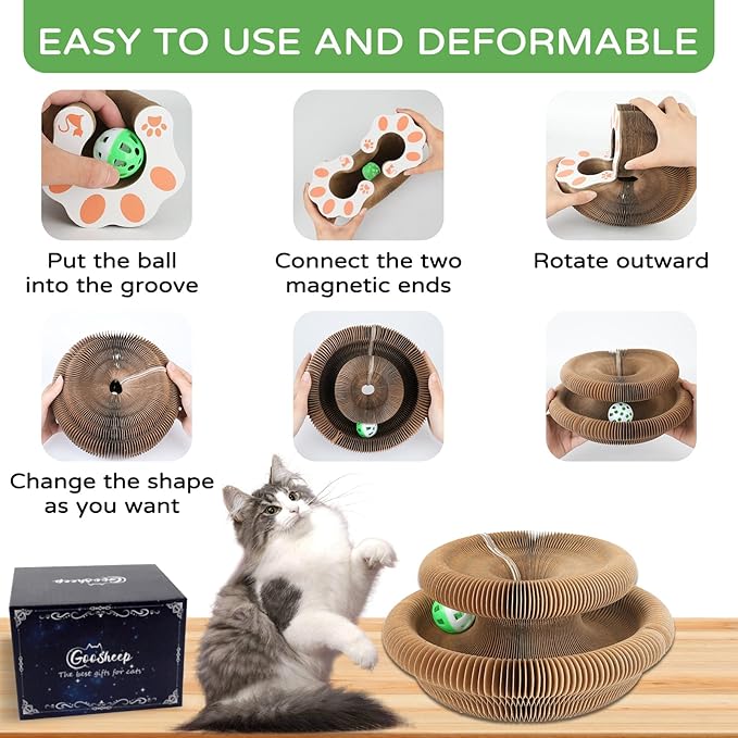 Goosheep Accordion Magic Organ Cat Scratcher Toys for Indoor Cats - Cardboard Cat Scratching Board Ball Scratcher Pad 3 Pack