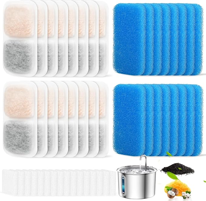 16 Sets Cat Water Fountain Filter Compatible with oneisall 67oz/2L Stainless Steel Cat Water Fountain, Activated Carbon Ion Resin Food Grade PP Cotton, Fresh and Clean