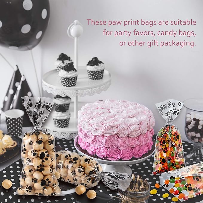 Blulu 200 Pcs Dog Treat Bags Pet Paw Cellophane Bags Dog Party Favor Heat Sealable Treat Paw Gift Cat Candy Bag with 200 Pcs Silver Twist Ties for Pet Party Favors(Black)