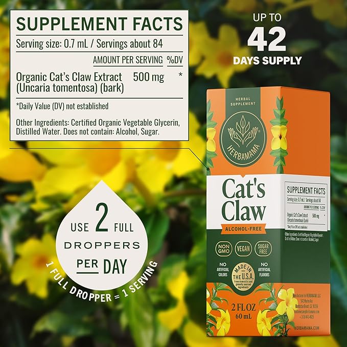 HERBAMAMA Cat's Claw Tincture - Vegan Cat's Claw Extract Supplement for Immune Support - Non-GMO, Alcohol & Sugar-Free Uncaria Tomentosa Drops