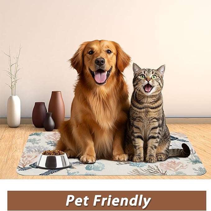 Turtle Dog Cat Food Mat,Coral Absorbent Pet Feeding Mat for Food and Water,Non-Slip Dog Bowl Mats Floor Protector 16"x24"