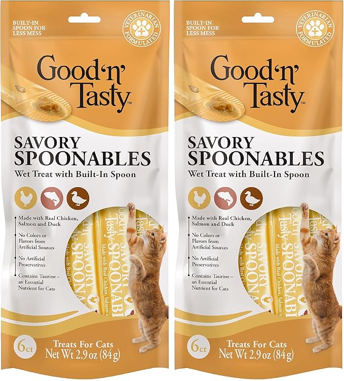 Good ‘n’ Tasty Savory Spoonables with Real Chicken, Salmon & Duck, 6 Count Tube, Triple Flavor Squeezable Lickable Wet Treats for Cats with Built-in Spoon for Less Mess (Pack of 2)