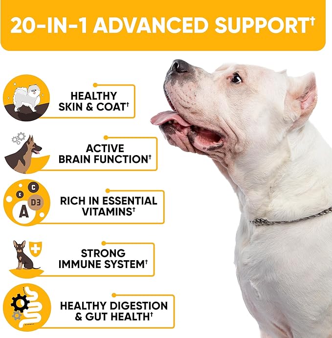 20-in-1 Dog Multivitamin Chews - Dog Supplement for Immunity, Digestion, Joint Care, Vision, Brain and Heart Health Support - Natural Dog Vitamins with MSM & Glucosamine for Dogs - 180 Chews