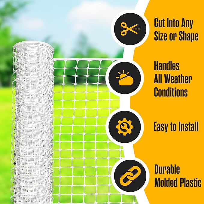 Houseables Plastic Fence, Plastic Mesh Fence, Mesh Fencing, Deer Netting, Cat Netting, Temporary, Wire Fencing, Balcony, Pets, Garden, Chicken, Poultry, Dogs, Construction, Yard, White, 4 x 50 FT Roll