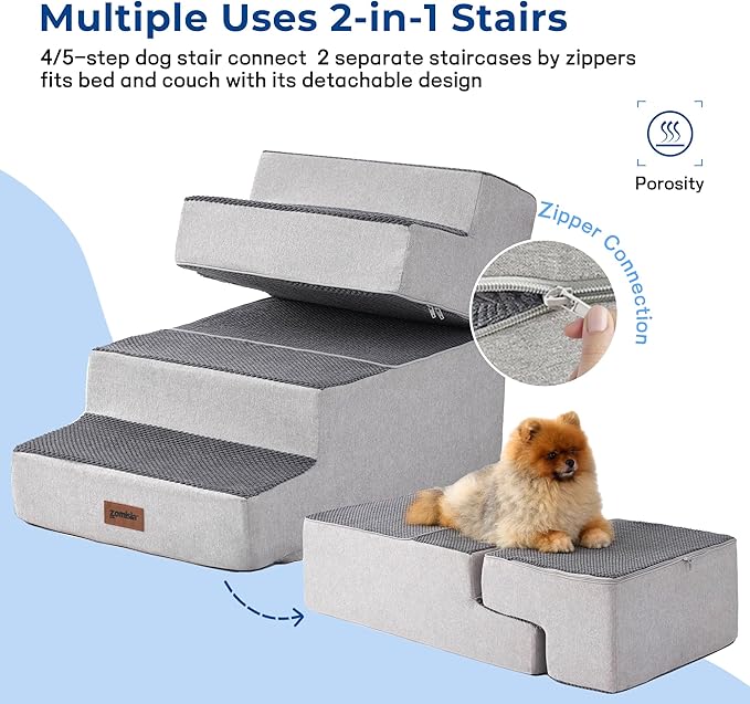 Dog Stairs for Large Dogs - Extra Wide Pet Stairs 2 in 1 with Zippers Suitable for Couch and Bed, 35D Foam Dog Steps with Non Slip Bottom Grey 4 Steps, Grey