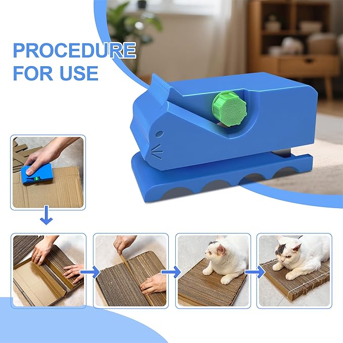 Cardboard Cutter for Cat Scratchers – 3D Printed Portable Cardboard Strip Cutter with 7 Replaceable Blades, DIY Cat Scratcher Tool (Blue)