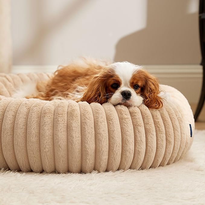 Bedsure ComfyFleece Donut Medium Dog Bed - Washable Faux Fur with Corduroy Fleece & Anti Slip Bottom, Round Pet Bed with Removable Cover,Sandy Beige,30x30x8 inches