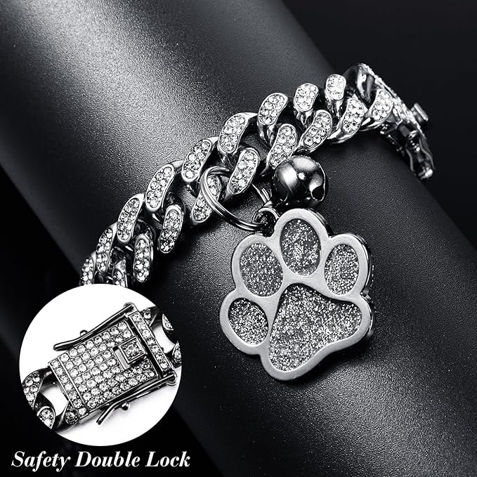 Hillban Cat Collar Diamond Chain Glitter Collar Walking Metal with Secure Buckle Cat Pet Necklace with Paw Charm and ID Tag Bell Link Cuban Jewelry Accessories Gift(10 Inch,Steel Black, White)