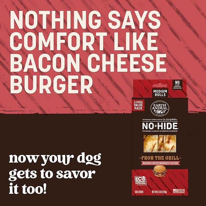 Earth Animal No Hide Chews - from the Grill Rolls Bacon Cheeseburger Flavor Rawhide Free Medium Dog Chews - 3 Count