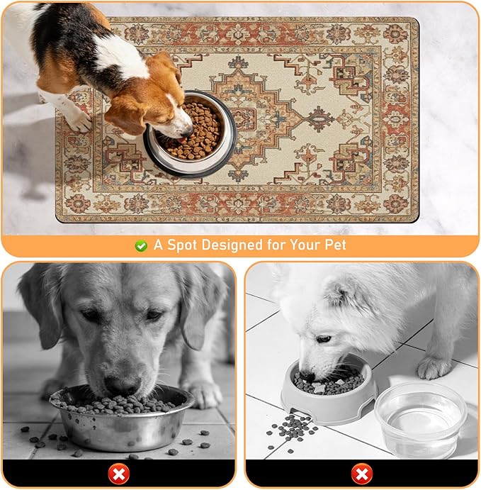 Pet Dog Food Mat - Absorbent Diatomite Dog Cat Feeding Mats for Food and Water, Anti Slip Dog Cat Bowl Placemat for Floors, Quick Dry Pet Dish Matts Supplies, Bohemia Style, 17 * 30in
