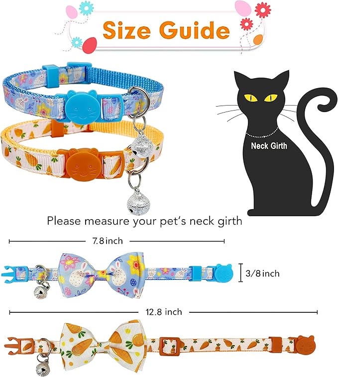 Easter Cat Collar with Bow Tie, Holiday 2 Pack Kitty Kitten Cute Bunny Carrot Collar for Girls and Boys (Bunny Peeps)