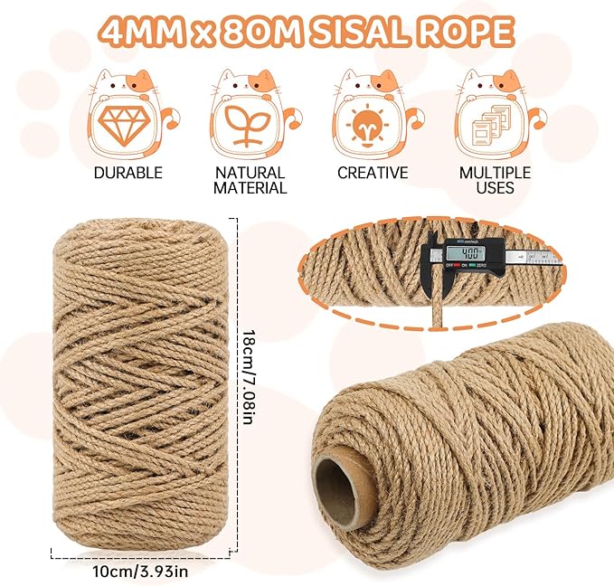 262 ft Sisal Rope for Cat Scratcher, 4mm Thick Rope for Cat Scratch Post, Twine for Cat Scratching Post Replacements, DIY Hemp Twine Rope with 4 Random Colors Mouse Ornaments