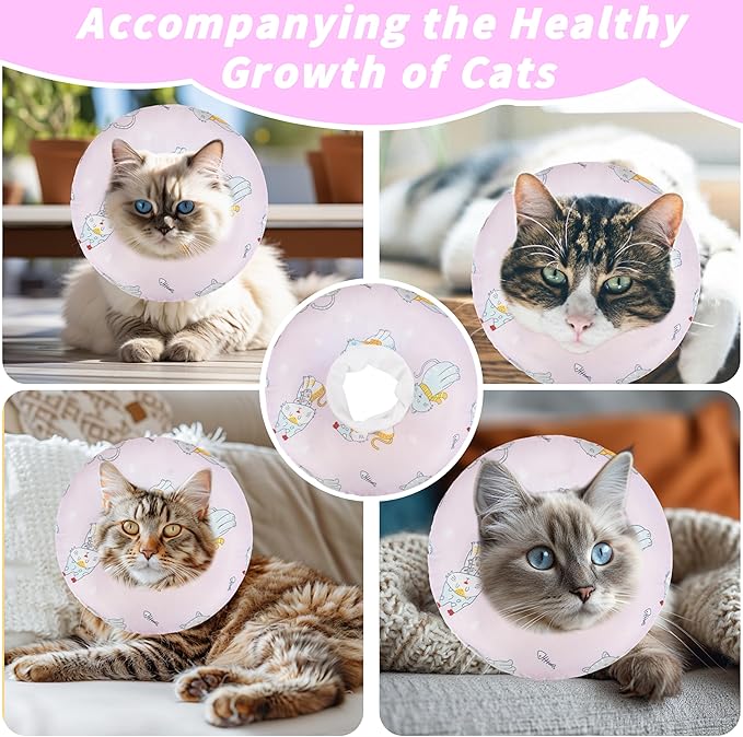 Soft Cat Cone Collar, Cute Cats Recovery Collar Suitable for Small, Medium, Large cat,Elizabethan Neck Collar for Cats After Surgery (Pink Cat, Small)