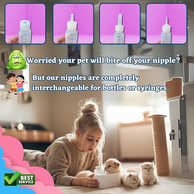 Newborn Kitten & Puppy Feeding Kit, 50ml Nursing Bottle & Syringe Set with Soft Silicone Nipples, Oral Dosing Syringe & Medicine Dispenser, BPA-Free Nursing Supplies for Cats, Dogs, Rabbits, Squirrels