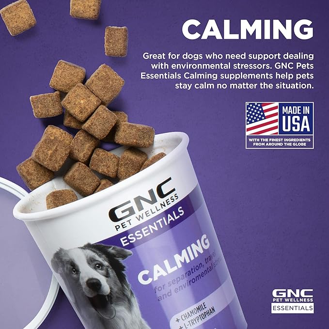 GNC Pets Essentials Calming Soft Chews for Dogs, Bacon Flavor Calming Supplement with Chamomile, Passion Flower, L-Tryptophan and Thiamine for Puppies and Adult Dogs, 60 Count