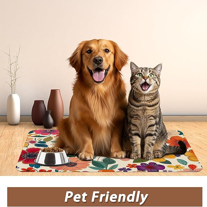 Floral White Dog Food Mat for Floors,Boho Absorbent Quick-Dry Pet Feeding Mat,Cat Dog Bowl Mats for Food and Water,Non-Slip Pet Accessories Supplies 12"x20"
