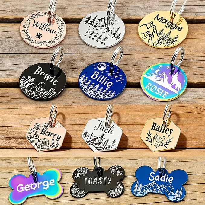 Personalized Pet ID Tags, Customizable Hexagon, Bone and Round Shapes, Multiple Designs with Mountain, Floral, and Night Sky Patterns, Stainless Steel Dog and Cat Tags (Hexagon)