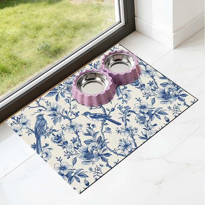 Dog Cat Food Mat - Absorbent Quick Dry Dog Bowl Mats for Food and Water, Anti Slip Cat Feeding Placemat for Floors, Diatomite Pet Dish Matts Accessories Supplies, Floral Bird Style, 16*24in