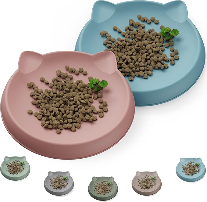 Cat Bowls for Indoor Gentle Small Kitten (2pcs, Soft Silicone) Shallow Wide Plates Feeder Whisker Fatigue Relief Cute Pet Kitty Food Water Dishes Set Anti Slip, Dishwasher Safe