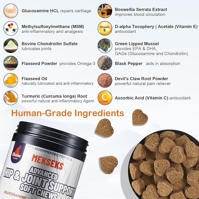 Advanced Dog Hip Joint Health Supplement Chews, Glucosamine for Dogs + Chondroitin, MSM, Turmeric & Green Lipped Mussel, Support Mobility, Pain Relief for Senior All Breeds Soft Chewable Treats