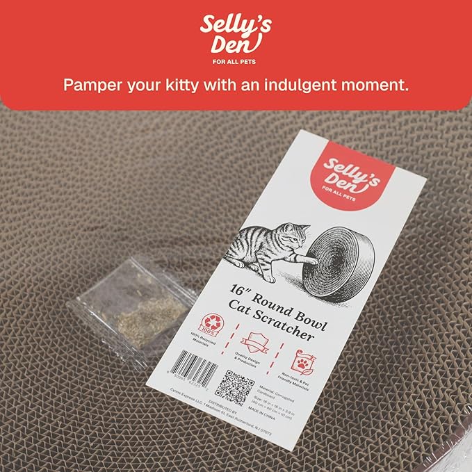 Selly's Den Bowl Shaped Cat Scratcher Round Cardboard Cat Bed and Scratcher in One, for Lounging and Scratching (16 inches)