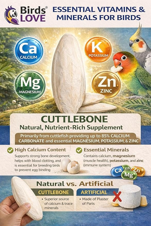 Birds LOVE 7.5-8" Cuttlebones for Birds – 100% Natural Sun-Dried Calcium Carbonate Mineral Supplement – for Parakeets, Budgies, Cockatiels, Finches & Canaries – 1 Pack with Holder – Made in Vietnam