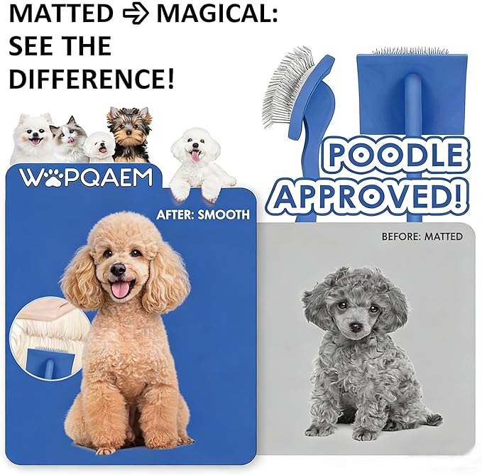 Long Pin Slicker Brush for Doodles & Poodles - 25mm Extra Long Pins Dog Brush with Stainless Steel Cleaning Comb, Solid Beech Wood Dematting Brush for Thick, Curly & Double Coats,Blue