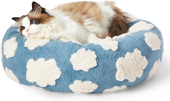 Lesure Shown on TV Donut Cat Beds for Indoor Cats - Small Round Dog Bed for Calming Pets as Gift with Washable Cover, Cute Modern Puppy Bed with Jacquard Shaggy Plush & Anti Slip Bottom, 20 Inch, Blue