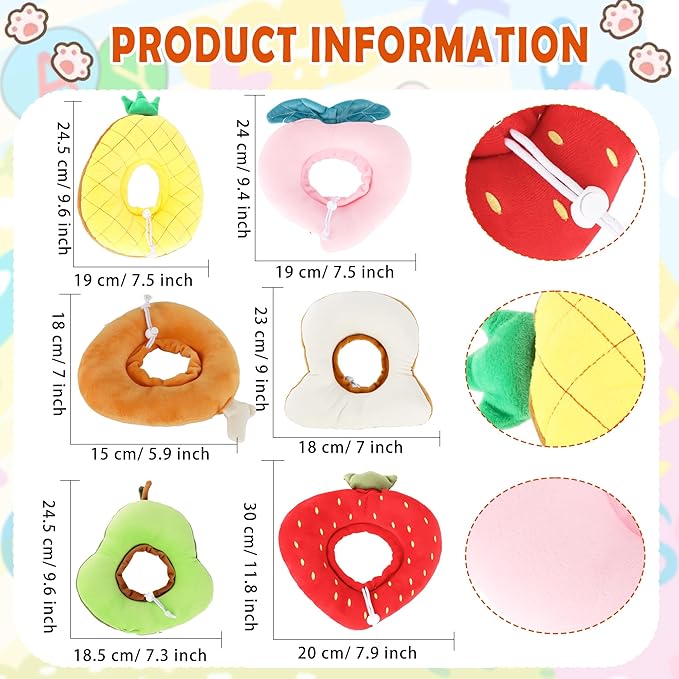 6 Pcs Cat Cone Collar Recovery Collar After Surgery Neck Protective Cone Collars Adjustable for Kitten Small Dog Cute Wound Healing to Stop Licking Fruits Shaped