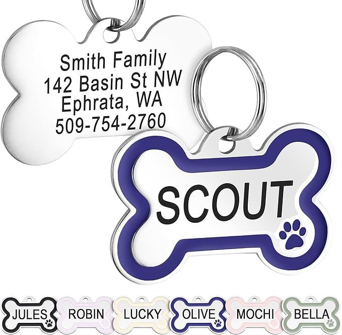 GoTags Stainless Steel Pet ID Bone Round and Heart Shaped Tags with Enamel Paw Design, Personalized Dog and Cat Tags, up to 5 Lines of Custom Text, Engraved on Both Sides (Navy Blue, Small Bone)