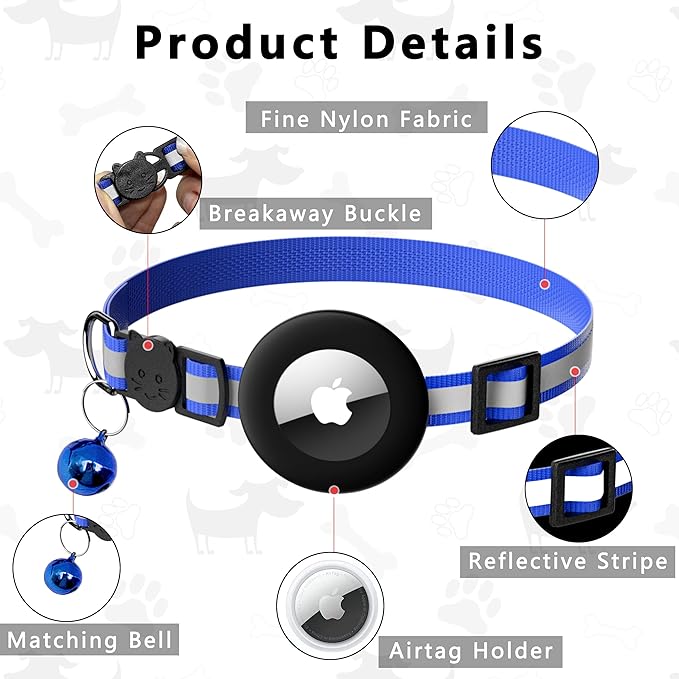 Cat Collar with Air Tag Holder, Reflective Kitten Collar with Bell, Breakaway Airtag Cat Collar for Boys Girls Cats, GPS Tracker for Cats 0.4’’ Width Adjustable Safe Kitty Collar, Blue