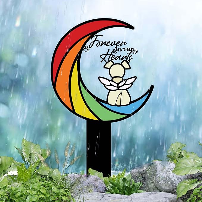Rainbow Bridge Memorial Grave Marker – 12in Angel Pet Grave Tribute, Weatherproof Loss Gift with Colorful Moon Design, Garden Decoration for Rainbow Bridge Dog Lovers