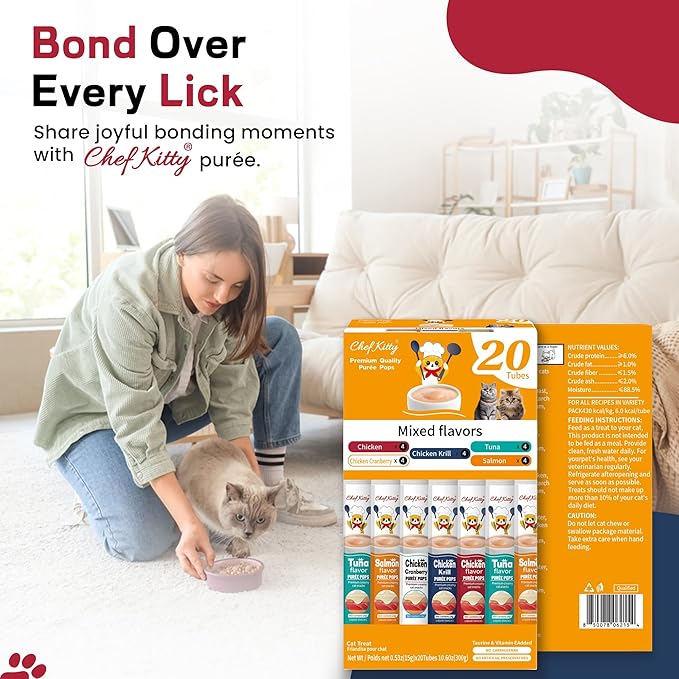 Purée Pops, Cat Treats, Grain-Free, Lickable, Squeezable Creamy Cat Treat/Topper with Vitamin E & Taurine, 0.5 Ounces Each Tube, 20 Tubes, Chicken and Seafood Mix Variety