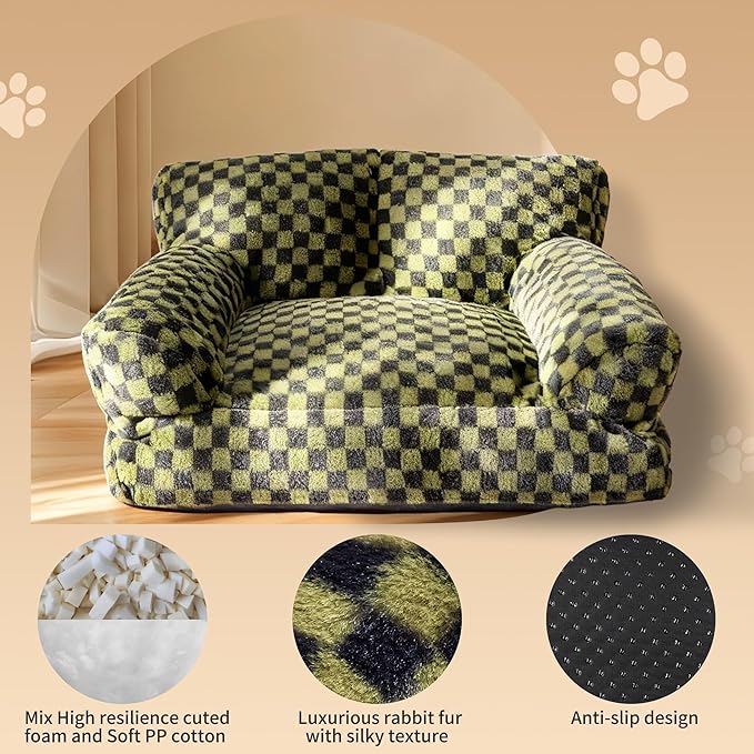 Faux Fur Cat & Dog Sofa Cat Couch Mini Cat Bed Indoor Human Style Pet Sofa, Modern Pet Furniture for Cats, Washable ＆ Removable Cover, for Cats and Small Medium Dogs (Black/Green, X-Large(36X27 inch))