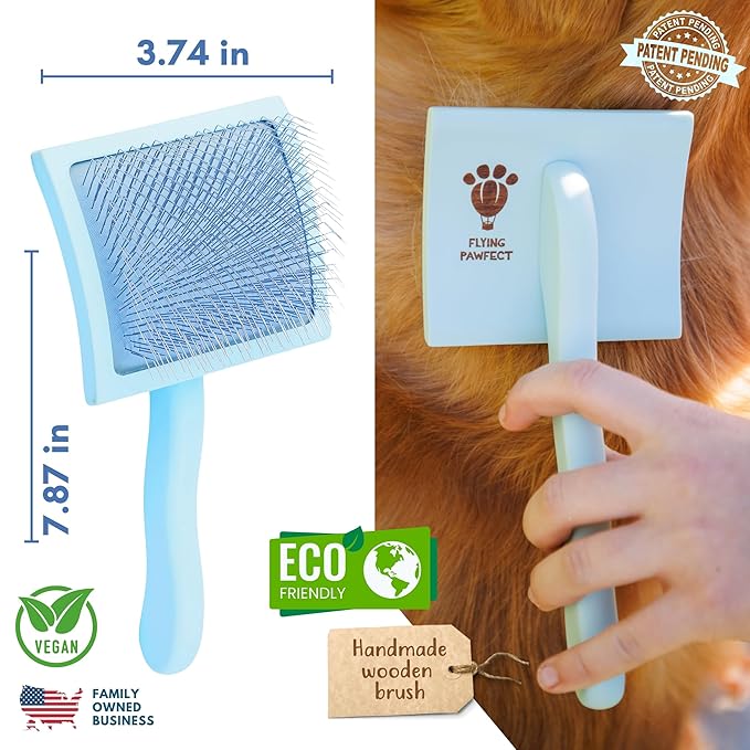 Pet Slicker Brush With Soft Massage Grooming Stainless Steel Pins - For Dematting, Shedding Fur, and Undercoat - Ideal Gift for Professional Pet Groomers - Long Slicker Brush (Blue, Curved Large)