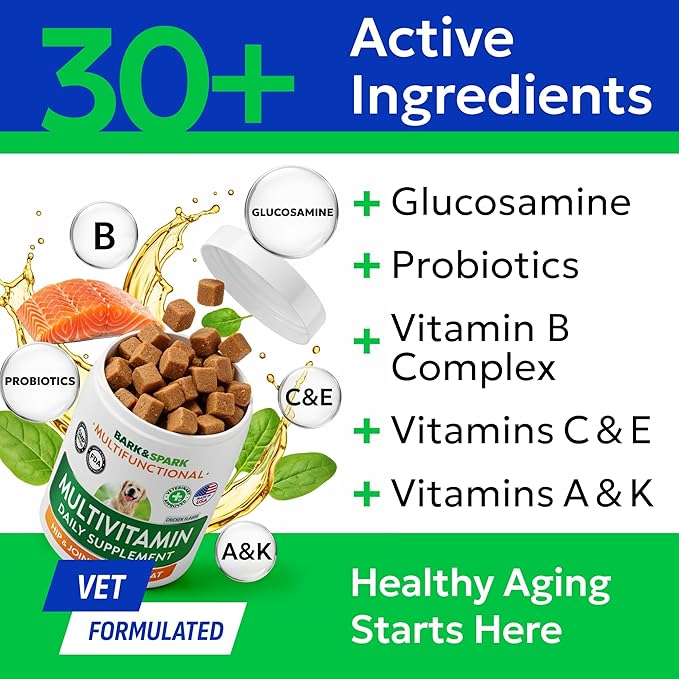 BARK&SPARK Dog Multivitamin Chews Glucosamine Chondroitin with Omega 3, Digestive Enzymes & Probiotics | Vitamins and Supplements for Dogs Pet Skin & Coat & Joint & Gut Health Support - 120ct