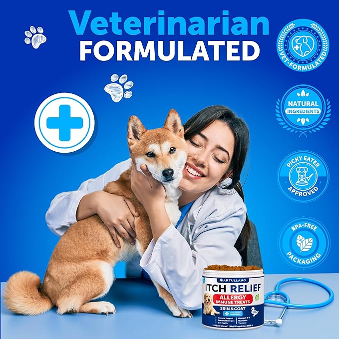 Dog Allergy Relief Chews - Itching Skin Relief for Dogs - Fish Oil - Omega 3 - Seasonal Allergies Pills - Skin & Coat, Anti Itch,Hot Spots Treatment - Canine Immune Health Supplement - 120 Soft Treats