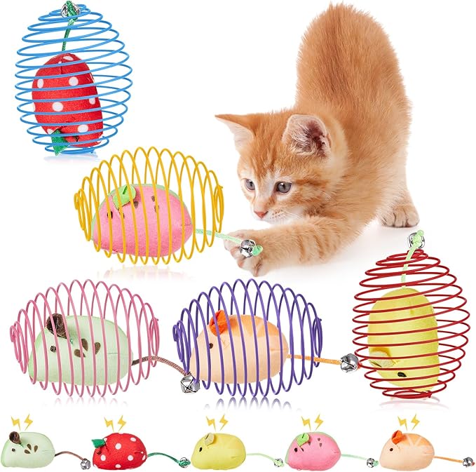 Jecery 5 Pcs Cat Spring Balls Toys Stretchable Rolling Balls Colorful Playful Coils Interactive Action Toy Caged Rats for Kitten Pet Supplies (Fruit Mouse,Multicolor)