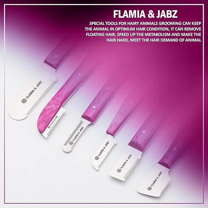 FLAMIA & JABZ FJ Professional Stripping Knife kit (6 pieces set) for Dogs & Pets, Wooden Handle Grip with Stainless Steel Blade (Right handed) (Pink)