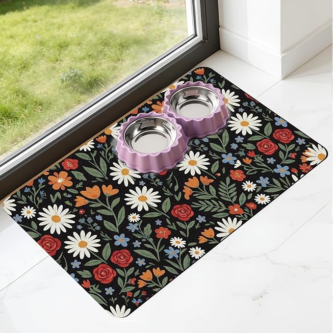 Dog Cat Food Mat - Absorbent Quick Dry Dog Bowl Mats for Food and Water, Anti Slip Cat Feeding Placemat for Floors, Diatomite Pet Dish Matts Accessories Supplies, Floral Style, 12 * 20in
