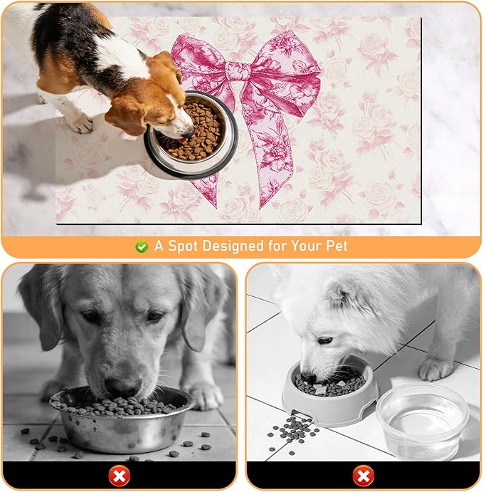 Dog Bowl Mat for Food and Water - Hamdwerk Absorbent Anti Slip Cat Feeding Mats for Floors, Quick Dry Pet Dog Feeding Matts, Diatomite Pet Dish Placemat Supplies, Coquettee Bow Style, 17 * 30in