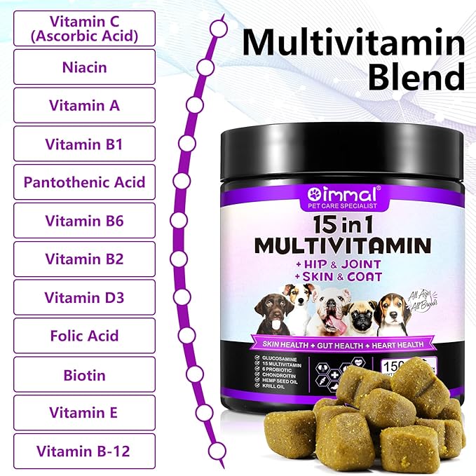 15-in-1 Dog Vitamins and Supplements, 150ct Dog Multivitamin Chewable with Glucosamine and Probiotics Senior & Puppy Multivitamin Pet Supplement Hip & Joint Support Immune Health Heart Digestion
