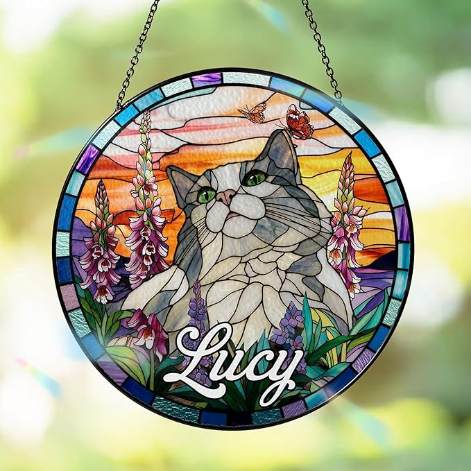 Custom Cat Dog Portrait Art Suncatcher Stained Glass Window Hanging Remembrance Gift Indoor Decor Dog Bereavement Keepsake Loss of Pet Sympathy with Name Date Portrait