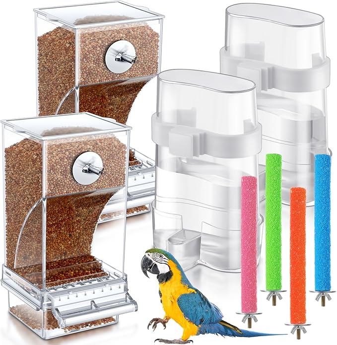 Yaomiao 8 Pcs No Mess Small Bird Feeders Automatic Parakeet Water Dispenser with 4 Pcs Cage Perch Clear Quail Feeder and Watered Cage Accessories for Small and Medium Parakeet Cockatiel Canary(Clear)