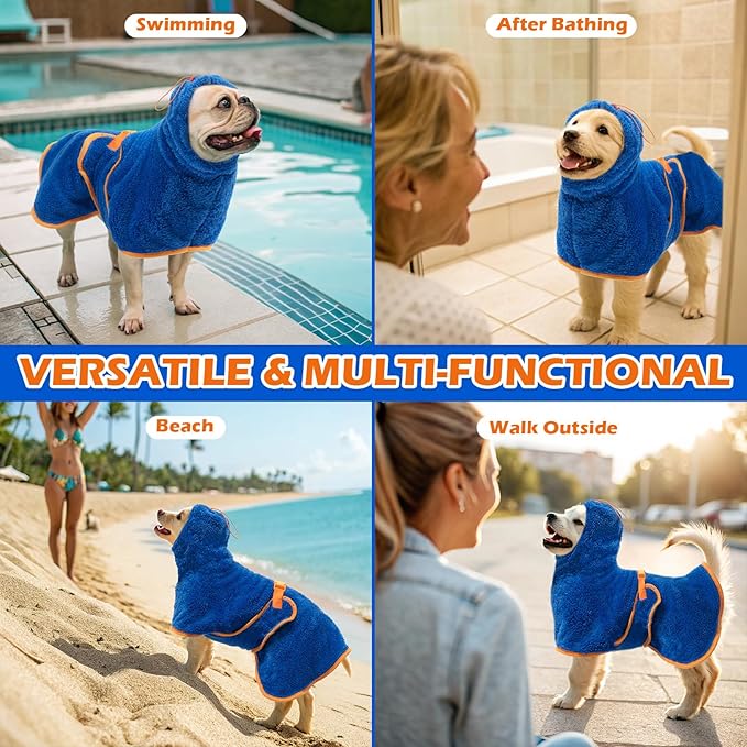 EXPAWLORER Soft Dog Bathrobe with Hood, Super Absorbent & Quick-Drying Dog Towels, Cozy Drying Coat for After Bath,Swimming, Blue S