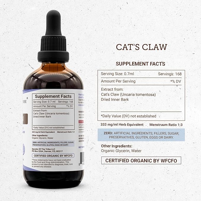 Secrets of the Tribe Cat's Claw Tincture Alcohol-Free Liquid Extract, Wildcrafted Cat's Claw (Uncaria Tomentosa) Dried Inner Bark (4 FL OZ)