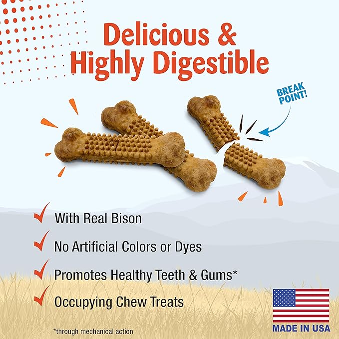 Nylabone Nubz Wild Natural Dog Chew Treats for Small Dogs, Long Lasting Dog Chew Bones Made in USA, Bison Flavor, for Dogs Up to 25 lbs. (4 Count)