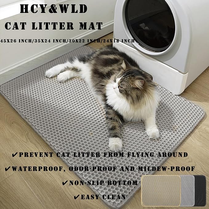 HCY&WLD Cat Litter Mat, 45x26/35x24/30x22/24x18 Inch Double Layer Cat Litter Box Mat, EVA Non-Slip, Waterproof Urine Proof Cat Litter Catcher Mat, Easy Clean Scatter Control (35x24 Inch, Gray)
