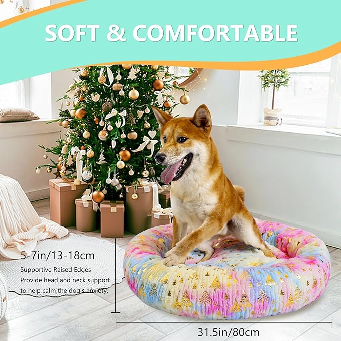 31 Inch Christmas Tree Calming Dog Bed for Medium Dogs, Round Anti-Anxiety Warm Bed, Soft Cozy Anti-Slip Donut Washable Pet Bed, Fits up to 50 lbs Pets