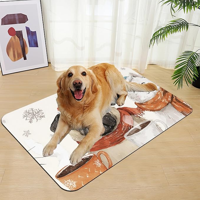 Chirstmas Dog Coffee Dog Cat Food Mat–Absorbent Waterproof Placemat for Food and Water Bowls, Non Slip Rubber Backing, Feeding Mat for Clean Floors 12"x20"